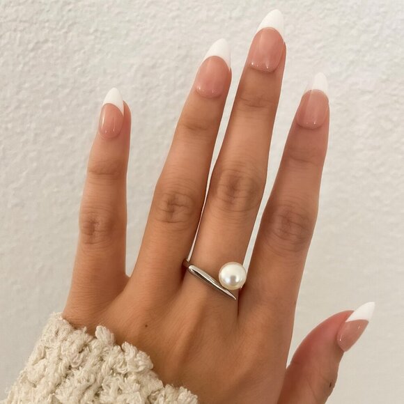 925 Sterling Silver Pearl Ring Bar Ring Minimalist Dainty Ring Pearl Accent Ring - Picture 2 of 8